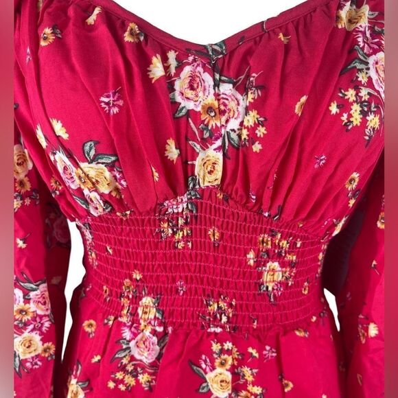 Velvet Torch Women’s Red Ditsy Floral Long Sleeve Ruffle Smock Inset Dress Sz: S - Picture 4 of 8